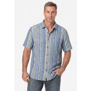 Tommy Bahama Mens Large Silk Cotton Blue Yellow Striped Short Sleeve Shirt